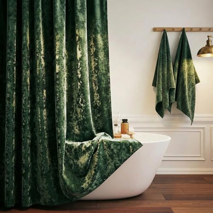 TAMGHO Extra Long Shower Curtain 84 inch Height, Crushed Velvet XL Shower Curtain Set with 12 Gold Hooks, Waterproof Thick Fabric, Machine Washable, 72W x 84H, Dark Green
