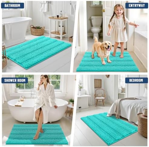 Grandaily Chenille Striped Bathroom Rugs 47x24, Extra Thick and Soft Absorbent Bath Mats, Rubber Backing, Plush Shaggy Shower Carpet, Machine Wash Dry, Bath Rug for Bathroom, Turquoise