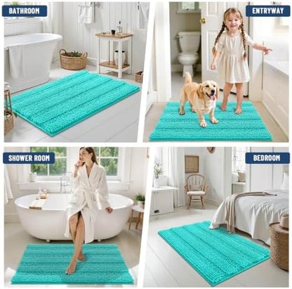 Grandaily Chenille Striped Bathroom Rugs 59x24, Extra Thick and Soft Absorbent Bath Mats, Rubber Backing, Plush Shaggy Shower Carpet, Machine Wash Dry, Bath Rug for Bathroom, Turquoise