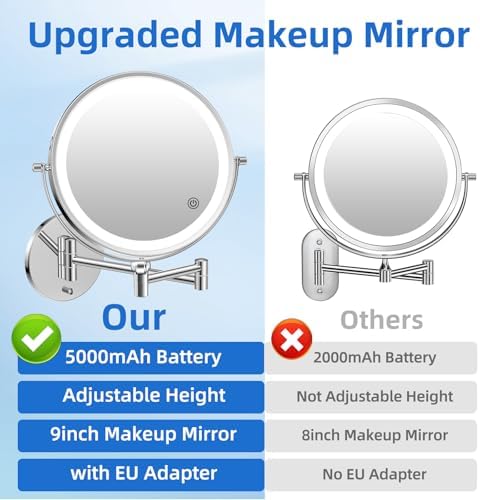 9"Wall Mounted Makeup Mirror with Lights,5000mAh Rechargeable 1X/30X