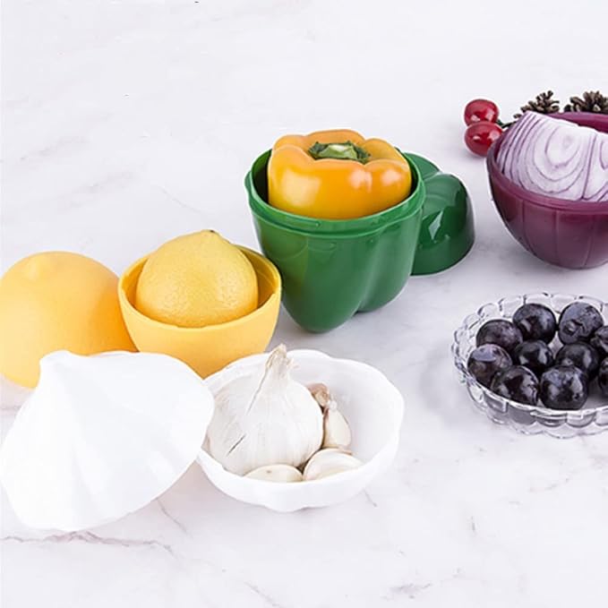OUKEYI 2 Pieces Fruit and Vegetable Reusable Refrigerator Box Storage Bowls for，Green pepper/onion/Tomato/Lemon/garlic Shaped Containers with Lids ，Refrigerator Vegetable Crisper (onions)