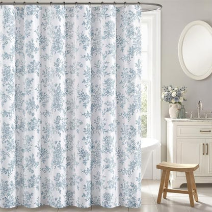 Linen Textured Fabric Blue Floral Shower Curtain W72*L72 Inches