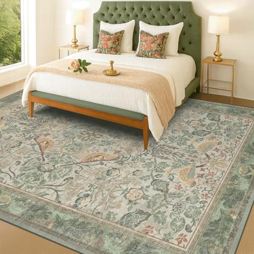 Floral Washable Large Rugs for Bedroom 10x14 - Sage Green Soft Area Rug for Dining Room Under Kitchen Table, Living Room, Playroom, Folable Non Skid Low Pile Indoor Carpet