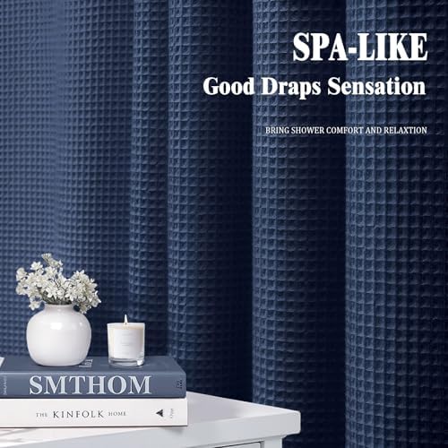 Long Waffle Shower Curtain Heavyweight Cotton Fabric Navy Blue 72Wx78L