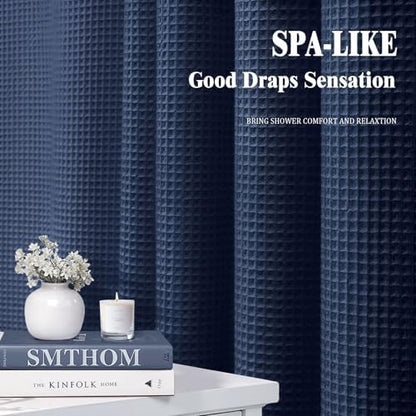 Long Waffle Shower Curtain Heavyweight Cotton Fabric Navy Blue 72Wx78L