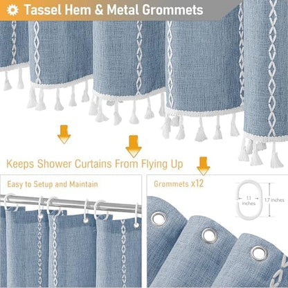 BTTN 72x78 Long Boho Farmhouse Linen Heavy Duty Cloth Shower Curtain, Blue