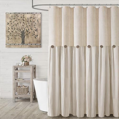 Farmhouse Shower Curtain Linen Button Beige Stripe 72" W x 90" L