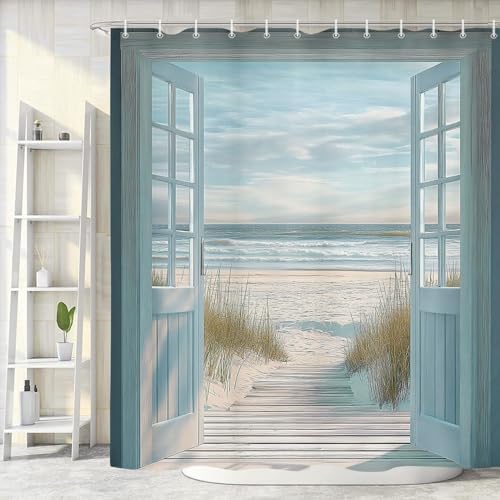 Blue Beach Barn Door Shower Curtain, Rustic Country Ocean Coastal Seaside Scenery Decor Bath Curtains, Retro Teal Wood Waterproof Bathroom Accessories Set, 72 x 78 inch with Hooks
