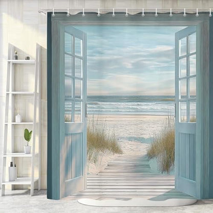 Blue Beach Barn Door Shower Curtain, Rustic Country Ocean Coastal Seaside Scenery Decor Bath Curtains, Retro Teal Wood Waterproof Bathroom Accessories Set, 48 x 72 inch with Hooks
