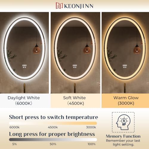 Keonjinn 40 x 30 Inch Oval LED Bathroom Mirror with Frontlit and Backlit