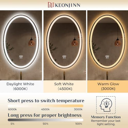 Keonjinn 40 x 30 Inch Oval LED Bathroom Mirror with Frontlit and Backlit