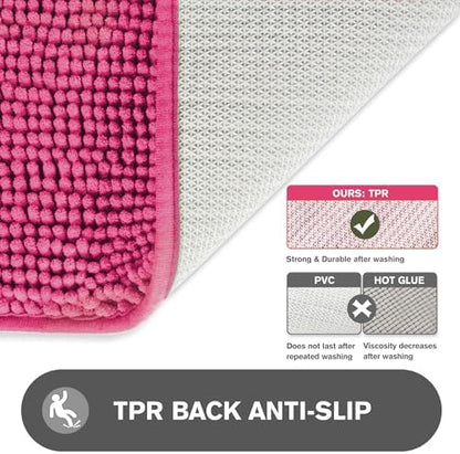 Bathroom Rugs Sets 2 Piece – Absorbent and Washable Bath Mat, Non-Slip, Thick Soft Chenille Bath Rugs for Bathroom Floor, Shower, Sink(17" x 24"+17" x 47", Hot Pink)