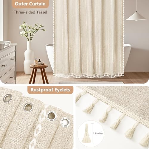 Seenus Boho Farmhouse Shower Curtain and Fabric Liner Set, Heavyweight Linen Textured Fabric Shower Curtain Beige with Tassels, 2 in 1 Waterproof Fabric Shower Curtain Set for Bathroom, 72x72 Inch