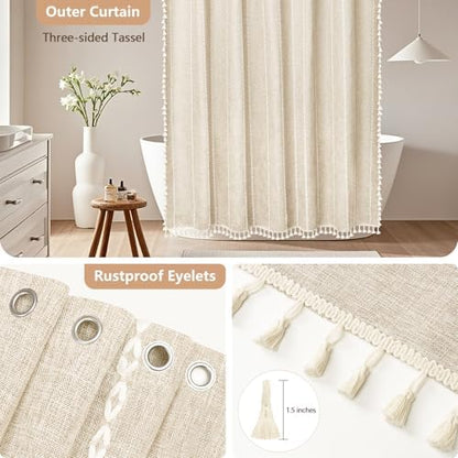 Seenus Boho Farmhouse Shower Curtain and Fabric Liner Set, Heavyweight Linen Textured Fabric Shower Curtain Beige with Tassels, 2 in 1 Waterproof Fabric Shower Curtain Set for Bathroom, 72x72 Inch