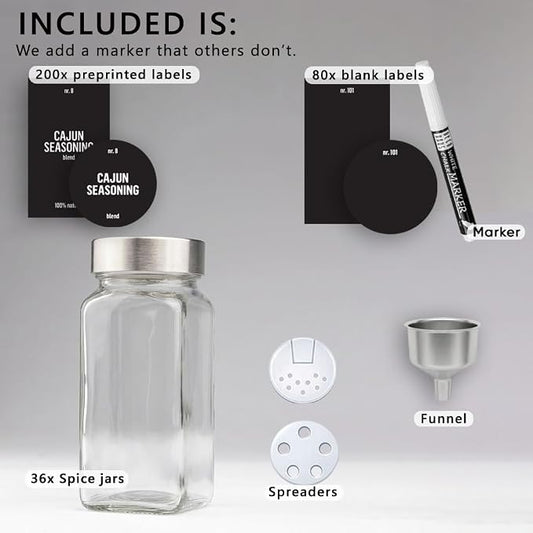 Deco haus Glass Spice Jars with Stainless Steel Lids 36 x 4oz [LABELS incl] Spice Containers with 280 Labels, Funnel & Chalk Marker - Empty Herb Seasoning Containers, Small Seasoning Bottles for Herb