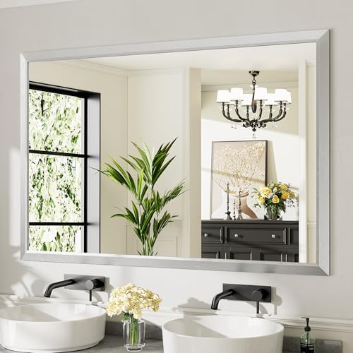 Briivue Bathroom Wall Mirror, Silver Brushed Nickel Metal Frame, 60x40 Inch