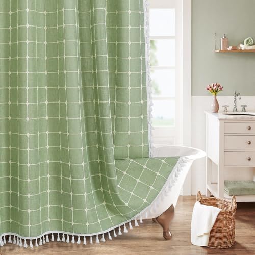 Boho Farmhouse Classic Plaid Linen Tassel Shower Curtain Sage Green,72x72