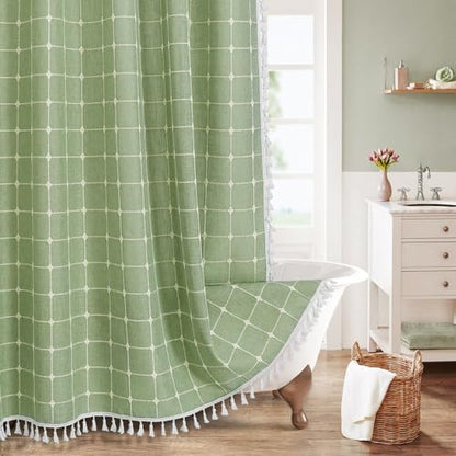 Boho Farmhouse Classic Plaid Linen Tassel Shower Curtain Sage Green,72x78