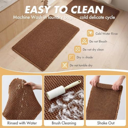 MIULEE Set of 2 Waffle Bathroom Rugs Boho Bath Mat Caramel 17"x24"+18"x30"