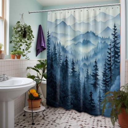 Navy Blue Forest Extra Long Shower Curtain, Tall 72X96 in, Mountain