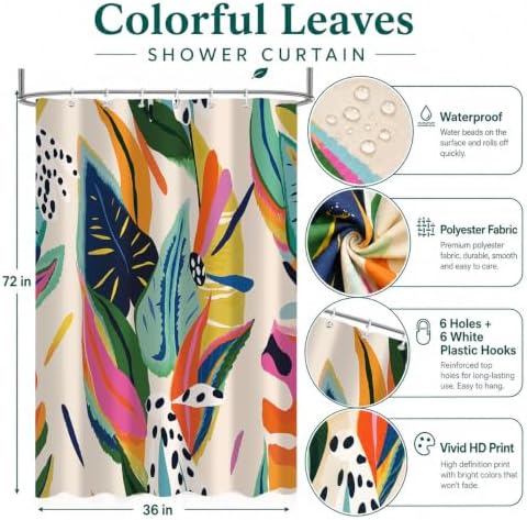 Colorful Abstract Shower Curtain, Floral Boho Modern Asthetic Plant Bathroom Curtain, Waterproof Polyester Fabric Shower Curtain Set with Hooks 36x72 Inch
