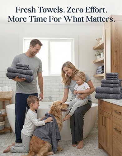 LANE LINEN 100% Cotton Bath Towels Set - 24 PCs - Durable, Quick Dry, Super Soft & Highly Absorbent - 4 Bath, 4 Fingertip, 6 Hand Towels, 8 Washcloths, 2 Bath Sheets - Perfect Family Set - Cool Grey