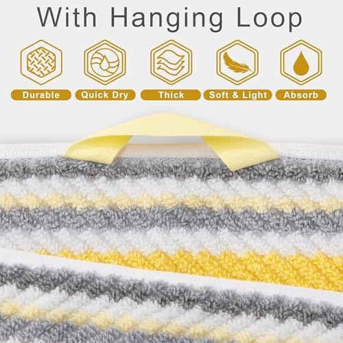 VOOVA & MOVAS Yellow Bathroom Towels 3 Pack, 100% Cotton, Gray Striped