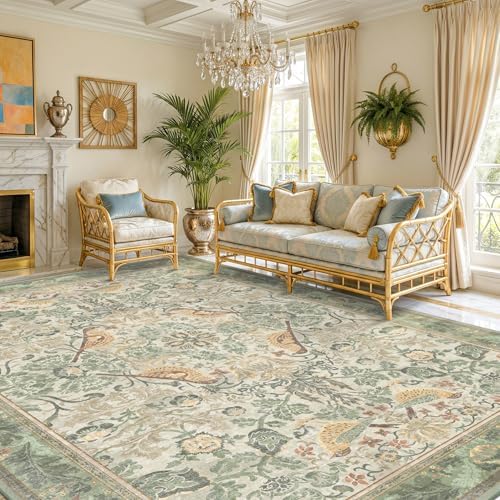 Hazo Haus Washable Floral Bird Rugs for Living Room - Sage Green 8x10 Area Rugs for Bedroom Under Bed, Dining Room Kitchen Table Rug for Under Table, Nature Botanical Decor, Stain Resistant Non-Slip