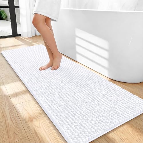 OLANLY Thick Chenille Bathroom Runner Rugs 47x20, Absorbent Bath Mat, White