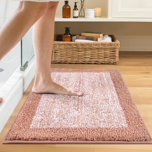 Bathroom Rugs 24x17 Non Slip Washable, Soft Absorbent Bath Mat Pink