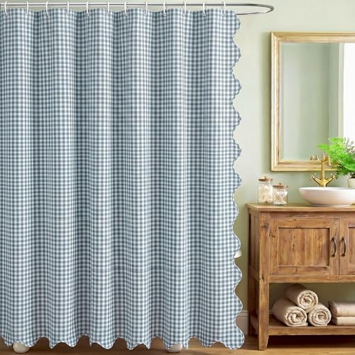 HunnmingRe Scalloped Gingham Shower Curtain Dust Blue