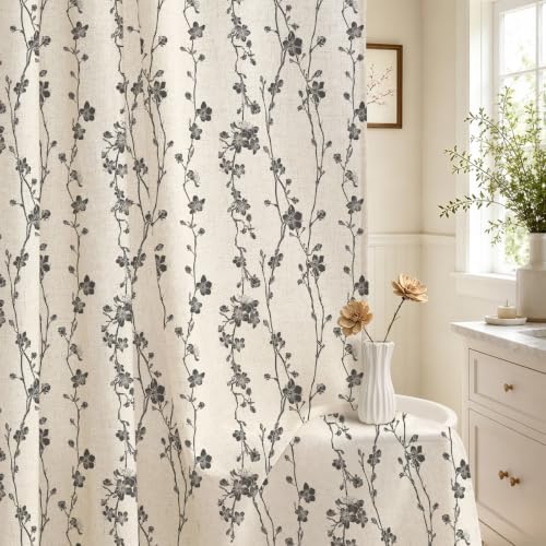 Dark Grey Farmhouse Linen Shower Curtain, Boho Floral Fabric, 72 x 84