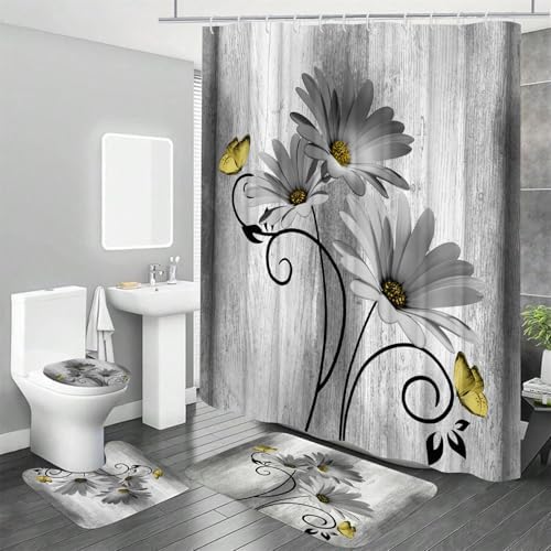 Onalasyc 4PCS Grey Daisy Floral Bathroom Sets with Shower Curtain and Rugs