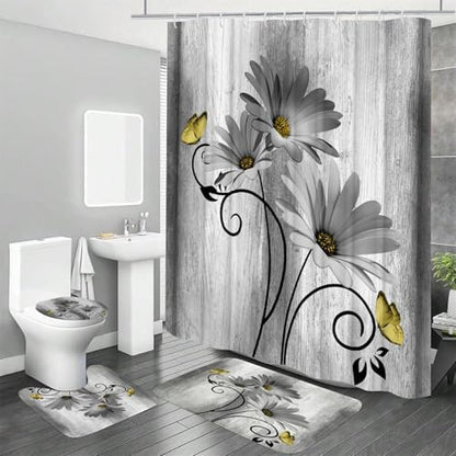Onalasyc 4PCS Grey Daisy Floral Bathroom Sets with Shower Curtain and Rugs