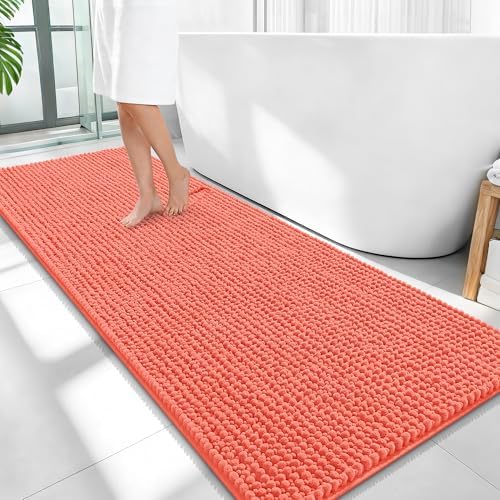 OLANLY Thick Chenille Bathroom Runner Rugs 59x24, Absorbent Bath Mat, Coral