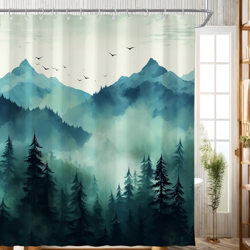 Teal Misty Foggy Forest Shower Curtain for Bathroom 72W*72H Inch Nature Tree Mountain Woodland Bathtub Decor Pine Tree Natural Country Cool Masculine Aesthetic Waterproof Polyester Fabric
