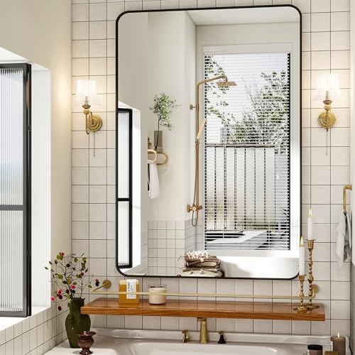 Easly 30 x 48 Inch Bathroom Mirror, Rounded Rectangular Vanity Mirror for Wall, Modern Mirror for Room Decor, Black Framed Wall-Mounted Mirrors for Home Decor, Hangs Horizontally or Vertically