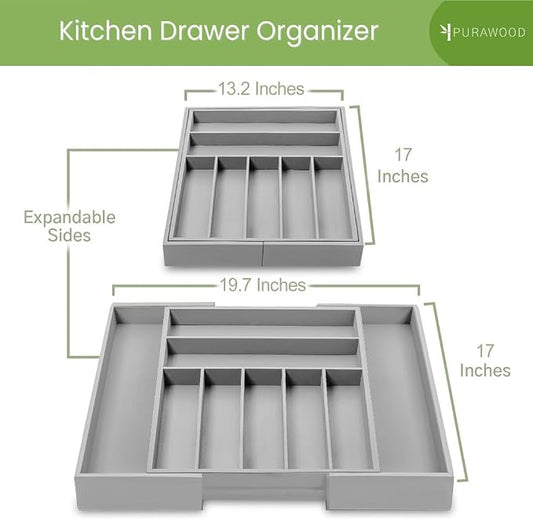 Purawood Bamboo Drawer Organizer - Expandable Silverware Organizer & Utensil Organizer, Cutlery Tray with Dividers, 7-9 Slots - Premium Kitchen Drawer Organizer for Utensils & Flatware (Grey)
