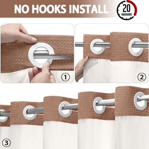 No Hook Shower Curtain with Liner Set Hotel Waffle Mocha Brown 72W X 75L