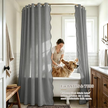 Furlinic No Hook Shower Curtain Scalloped Grey Extra Wide Waterproof 78x75