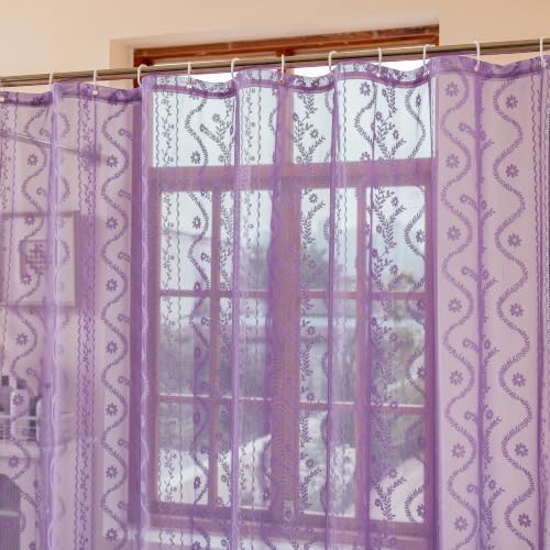 WAZZIO Purple Lace Shower Curtain for Bathroom 72" W x 84" L, Victorian Farmhouse Floral Pattern Tassel Fancy Shower Curtain Boho Washable Cloth Decorative Bath Curtains,1 Panel