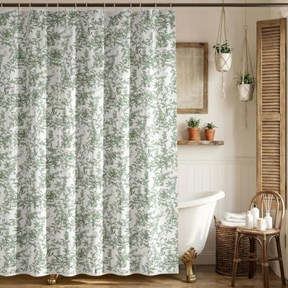 Farmhouse Sage Green Floral Shower Curtain with 12 Clear Rings 72"W x 72"L