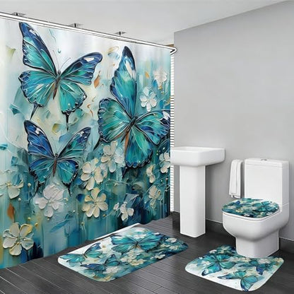 Chrainy 4pcs Green Butterfly Shower Cutain Set Bathroom Decor with Rugs