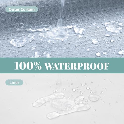 eachope FrostBlue Long No Hook Waffle Weave Shower Curtain with snap-in Liner Replacement, 230GSM Waterproof Fabric Hotel Shower Curtain Set for Bathroom, Through Mesh Top Window,71Wx80H