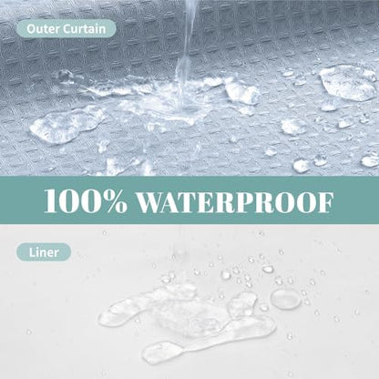 eachope FrostBlue Long No Hook Waffle Weave Shower Curtain with snap-in Liner Replacement, 230GSM Waterproof Fabric Hotel Shower Curtain Set for Bathroom, Through Mesh Top Window,71Wx80H