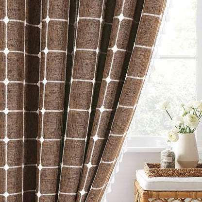 Boho Farmhouse Classic Plaid Linen Tassel Shower Curtain Brown,72x72