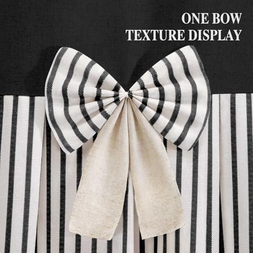 Farmhouse Shower Curtain Linen Bow Pleated Black Stripe 72"W x 84"L