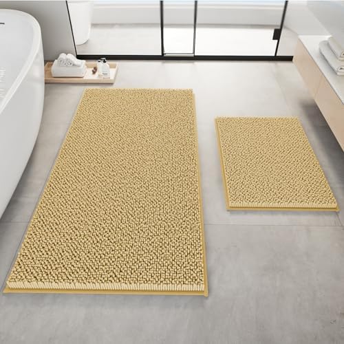 RUN HELIX Beige Bathroom Rugs Ultra Soft Rugs and Mats Set 3 Pieces Bath Rug Set Thick Chenille Bath Rugs Non Slip Bath Mats for Bedroom