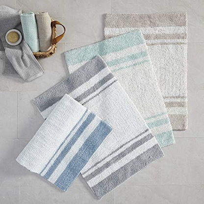 Madison Park Reversible Spa Cotton Bath Rug 100%-Cotton Striped Ultra Soft Water Absorbent, Fast Drying, Bath-Mats, Non-Slip Absorbent Quick Dry Mats for Tub, Shower Room, and Bathroom, 27x45, Aqua