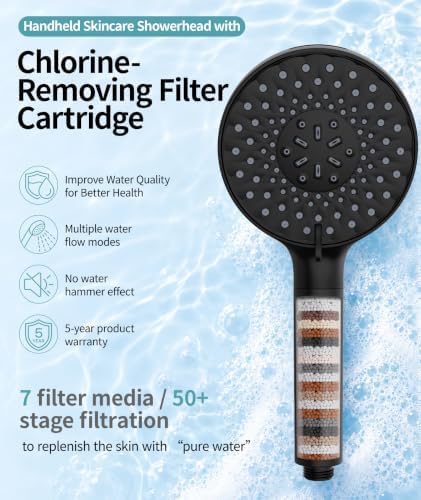 SR SUN RISE Filtered Shower Head with Handheld High Pressure 9 Spray Mode Showerhead Detachable Shower Head Water Softener Filters Beads for Hard Water Remove Chlorine 4 Filters Matte Black